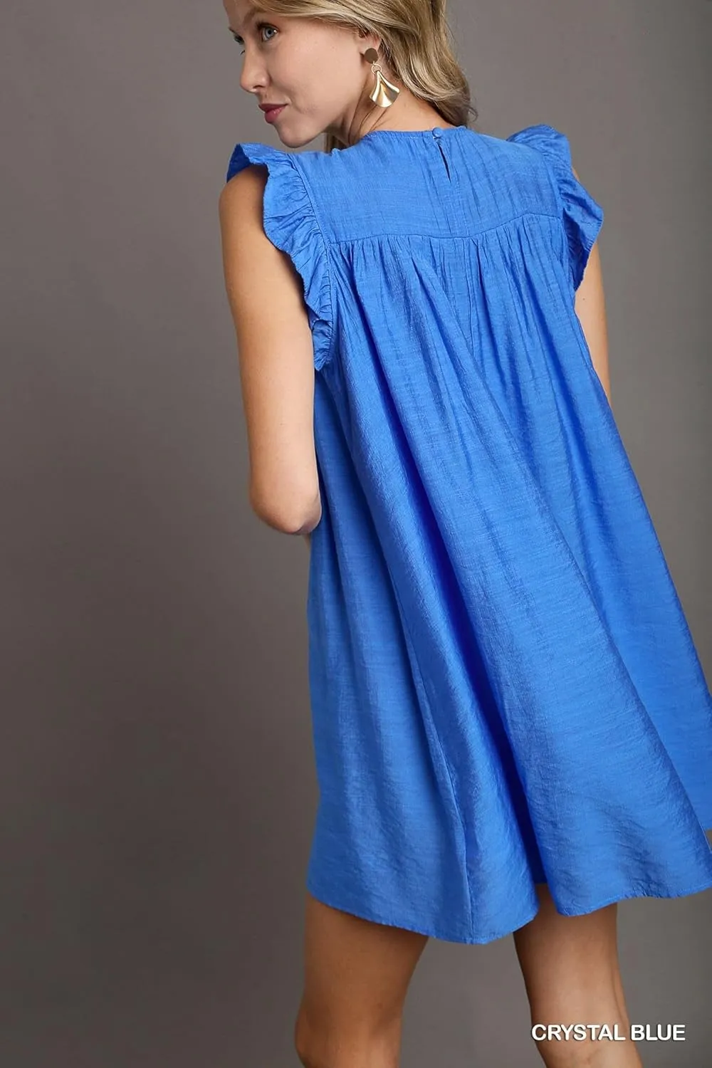 Umgee Smocked Yoke Short Ruffle Sleeves Dress with Back Keyhole and No Lining