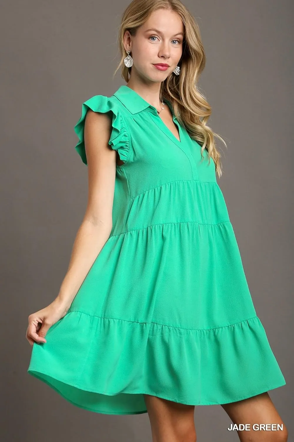 Umgee Tiered Short Dress with Flutter Sleeves & Collar No Lining