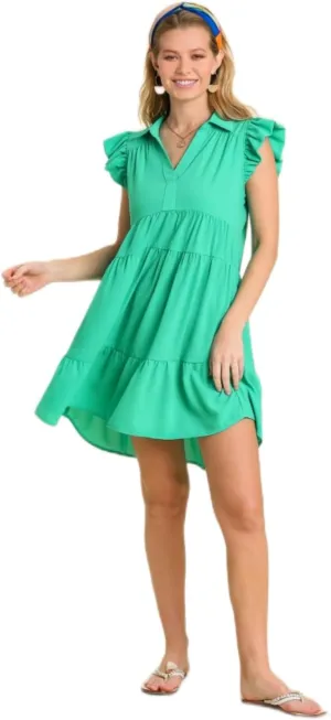 Umgee Tiered Short Dress with Flutter Sleeves & Collar No Lining