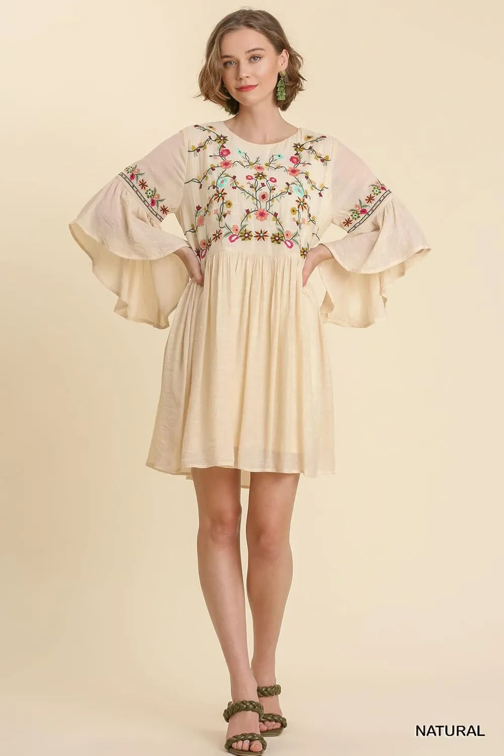 Umgee Women's Embroidered Bell Sleeve Keyhole Dress
