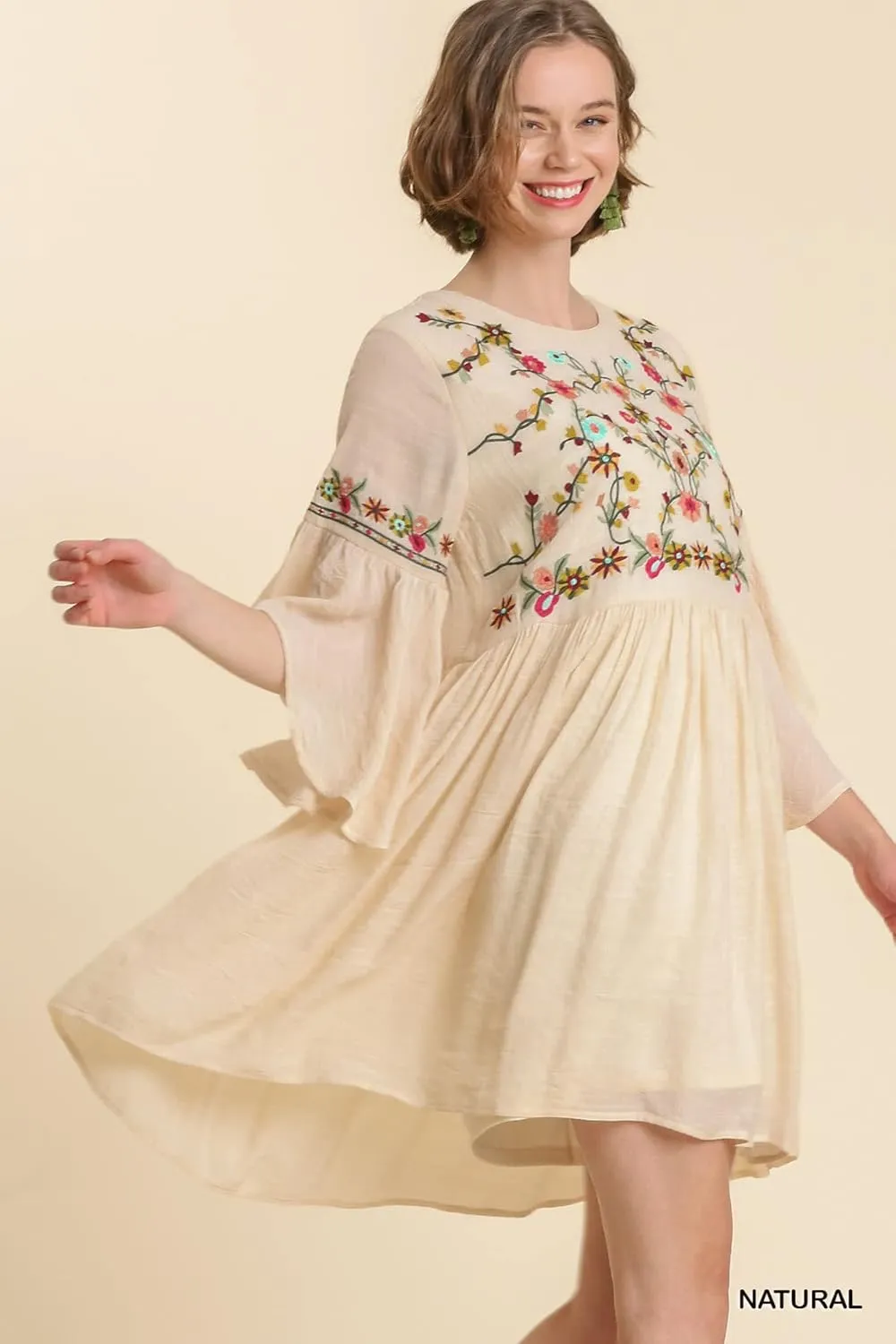 Umgee Women's Embroidered Bell Sleeve Keyhole Dress