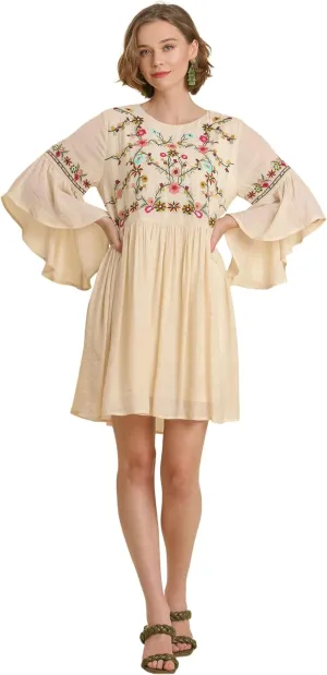 Umgee Women's Embroidered Bell Sleeve Keyhole Dress