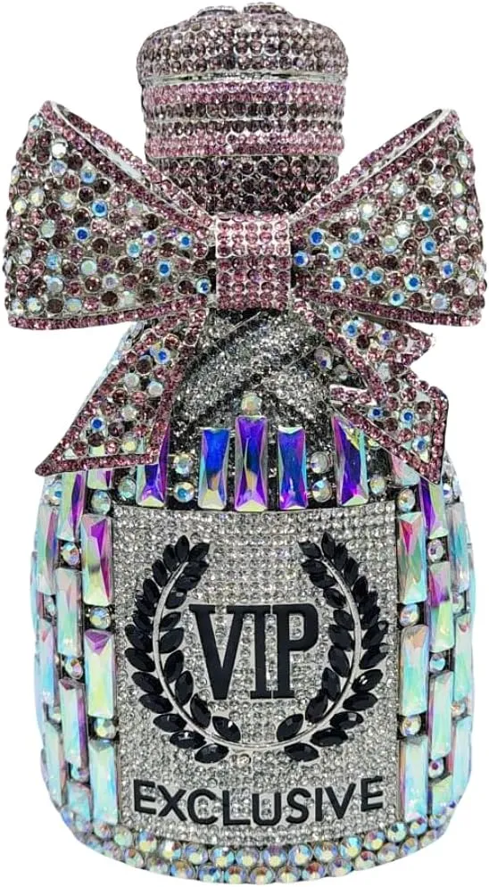 UMREN Women Champagne Bottle Rhinestone Evening Bag Sweet Bow Crystal Purse Clutch Unique Handbag Cocktail Party Shoulder Bag