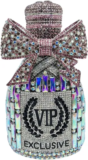 UMREN Women Champagne Bottle Rhinestone Evening Bag Sweet Bow Crystal Purse Clutch Unique Handbag Cocktail Party Shoulder Bag