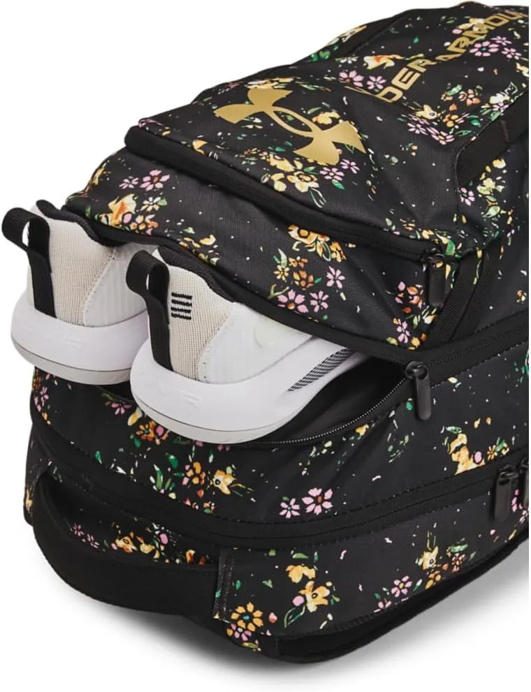Under Armour Unisex-Adult Hustle 6.0 Backpack, (004) Black/Black/Metallic Gold, One Size Fits Most