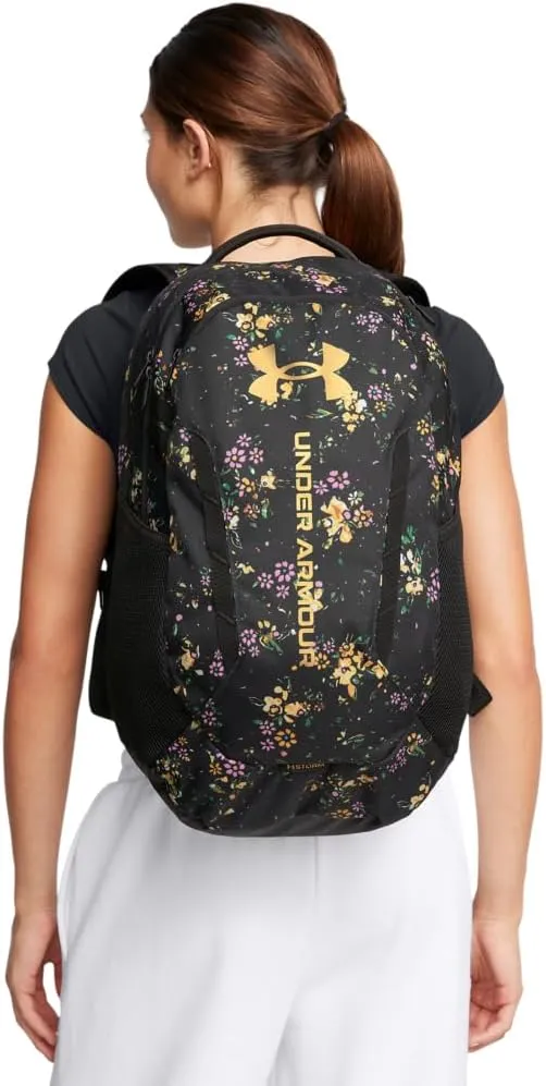 Under Armour Unisex-Adult Hustle 6.0 Backpack, (004) Black/Black/Metallic Gold, One Size Fits Most