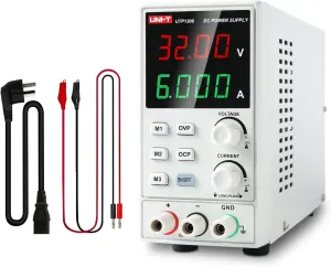 UNI-T DC Power Supply Variable Adjustable Bench Power Supply Switching Regulated 32V 6A OVP OCP OTP 4 Digits LED Display with Plug Adapter Power Cord Output Cables UTP1306