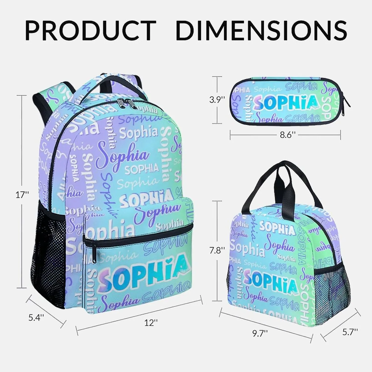 UNIKITTY Custom Backpack for Girls - Personalized Boys Schoolbag with Name - Kids Backpack for School - 17 Inch Girls Bookbag with Lunch Box and Pencil Case