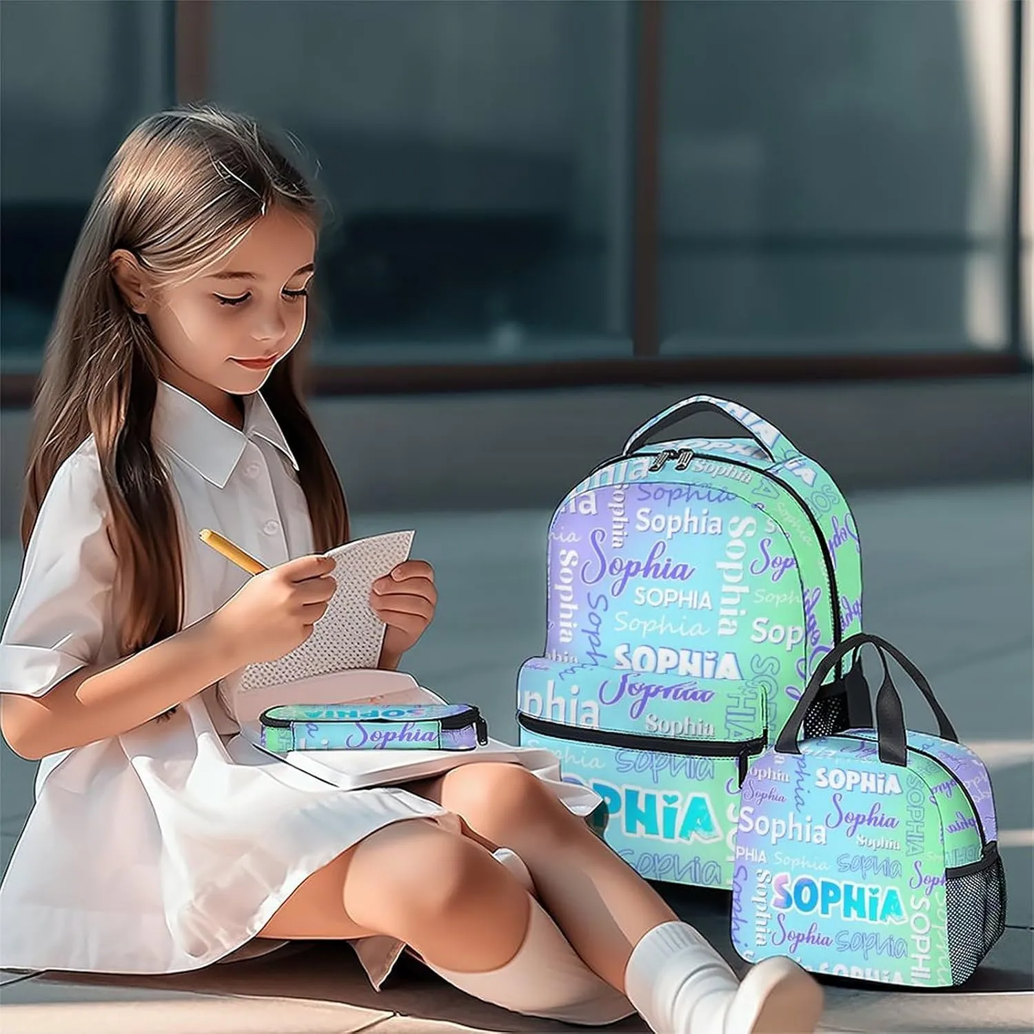 UNIKITTY Custom Backpack for Girls - Personalized Boys Schoolbag with Name - Kids Backpack for School - 17 Inch Girls Bookbag with Lunch Box and Pencil Case