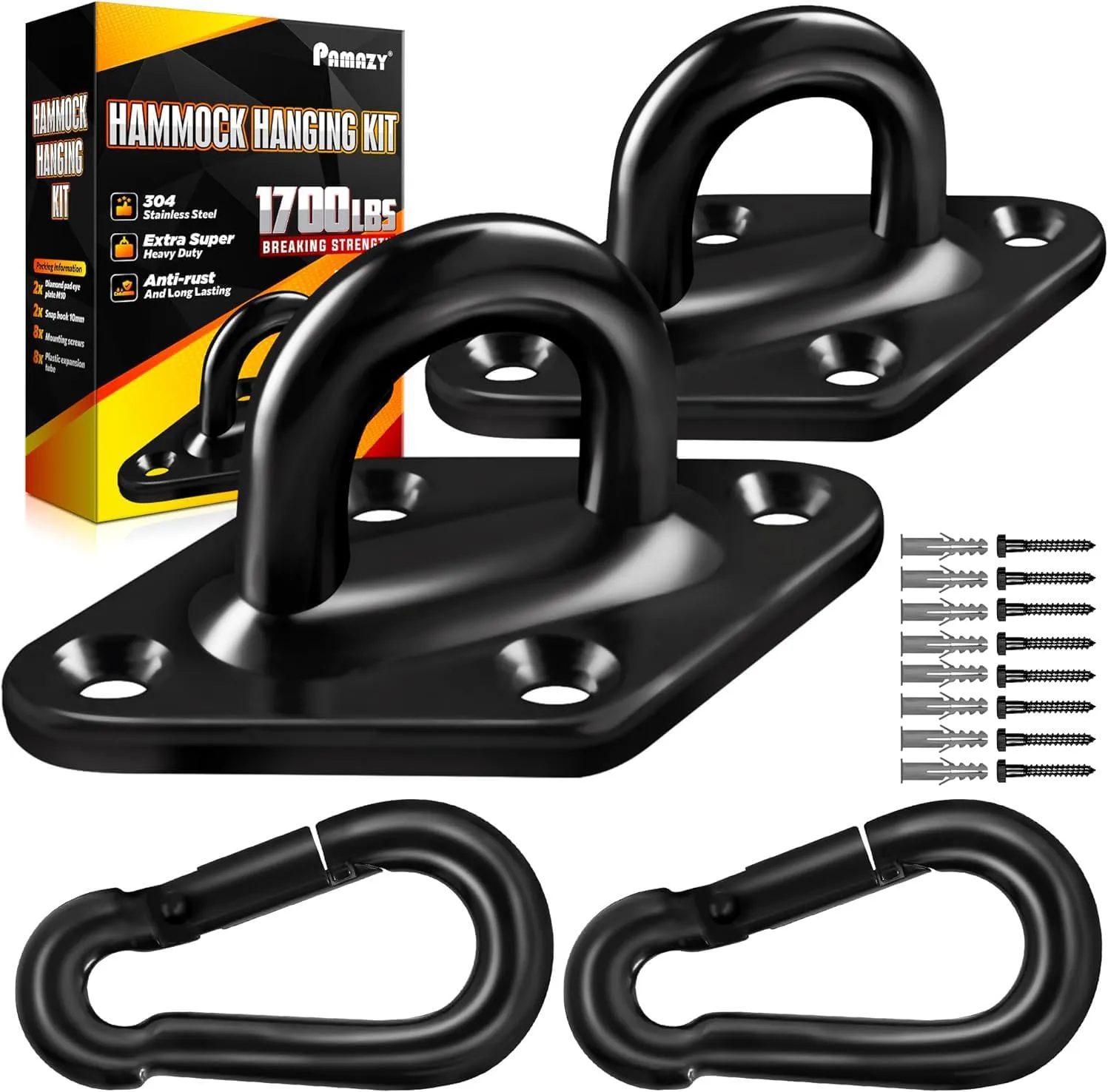 [Upgraded] 1700 lb Capacity 2PCS M10 Stainless Steel Pad Eye Hooks 2PCS 10MM Snap Hook   8PCS Heavy Duty Screws for Hammock Hanging Kit, Swing Hanging, Wall/Ceiling Mount, Indoor & Outdoor