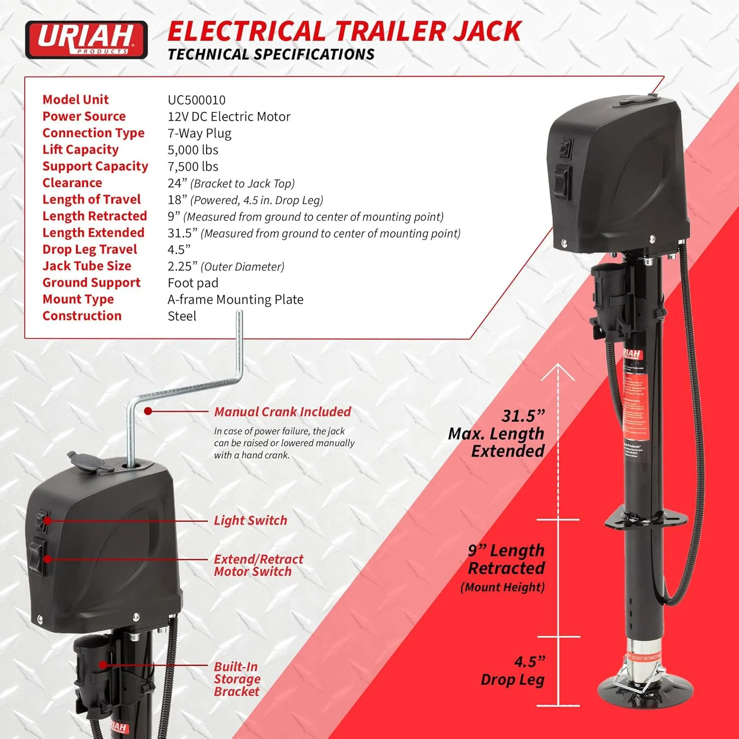 Uriah Products DC Electric Trailer Jack with 7-Way Connector, 12V, 5000 lb Lift Capacity