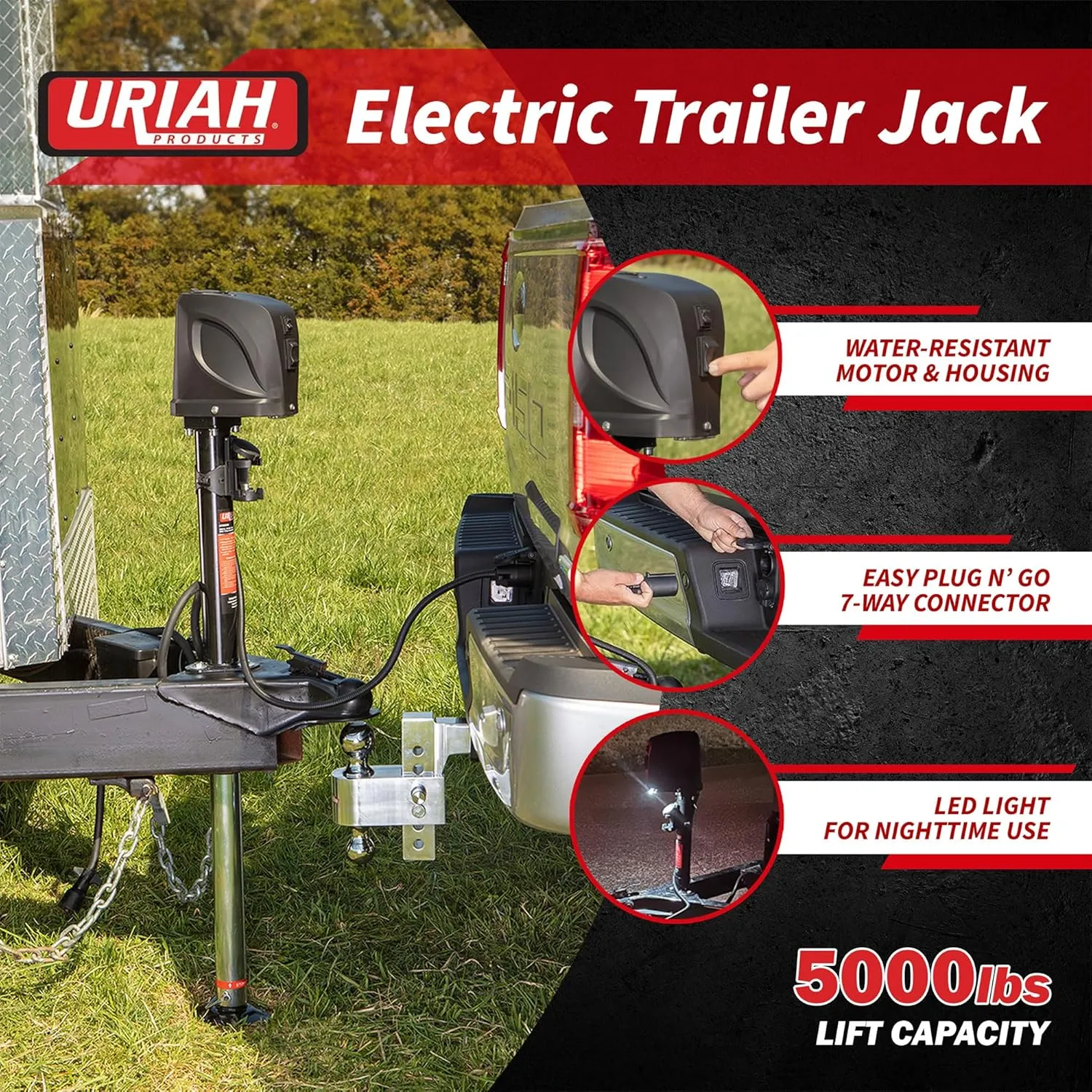 Uriah Products DC Electric Trailer Jack with 7-Way Connector, 12V, 5000 lb Lift Capacity