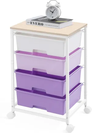 Utility Cart with 4 Drawers,Rolling Storage Cart with Drawers,Purple