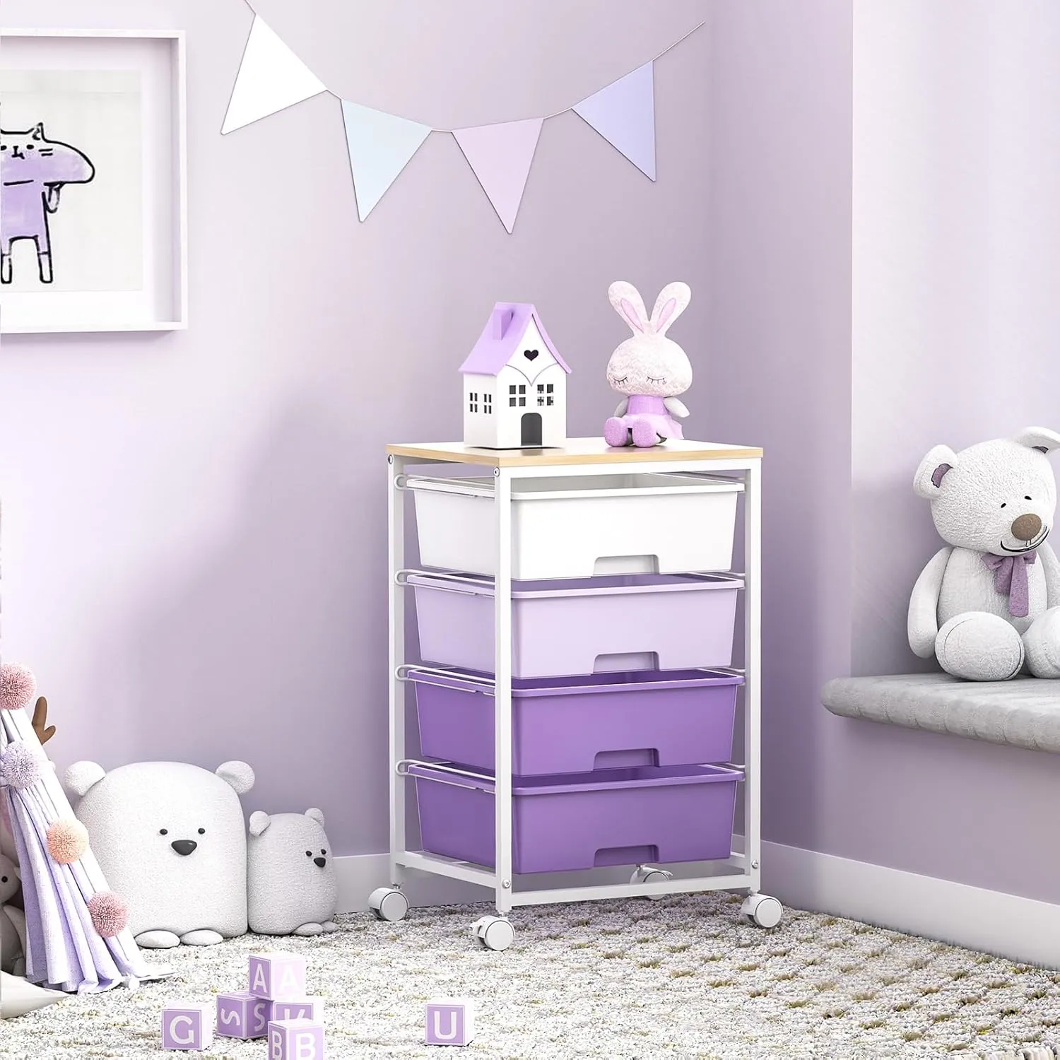 Utility Cart with 4 Drawers,Rolling Storage Cart with Drawers,Purple
