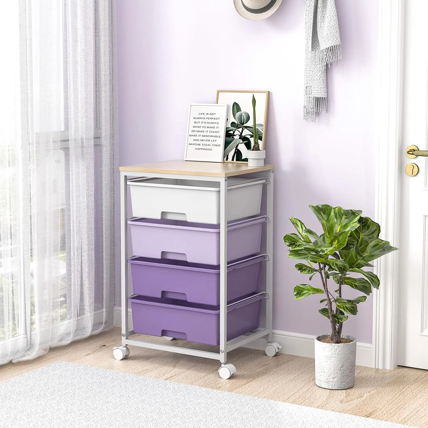 Utility Cart with 4 Drawers,Rolling Storage Cart with Drawers,Purple