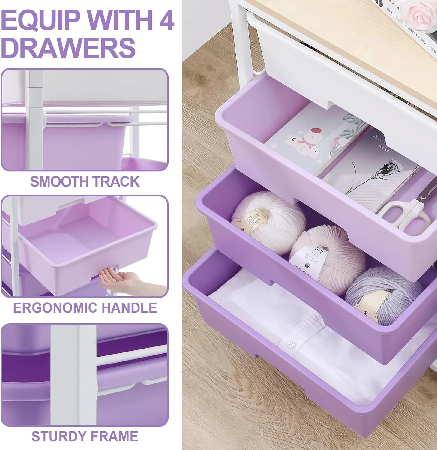 Utility Cart with 4 Drawers,Rolling Storage Cart with Drawers,Purple