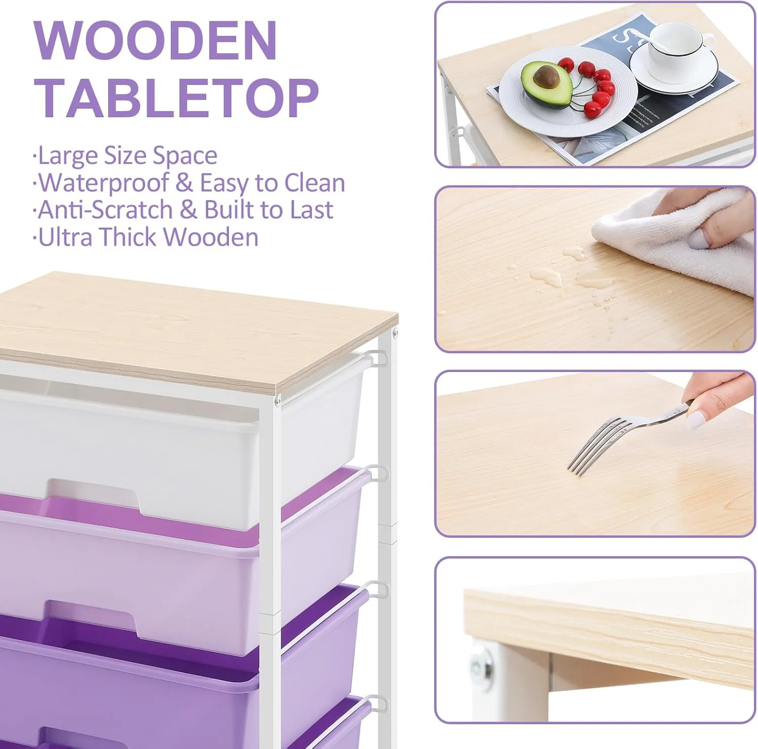 Utility Cart with 4 Drawers,Rolling Storage Cart with Drawers,Purple
