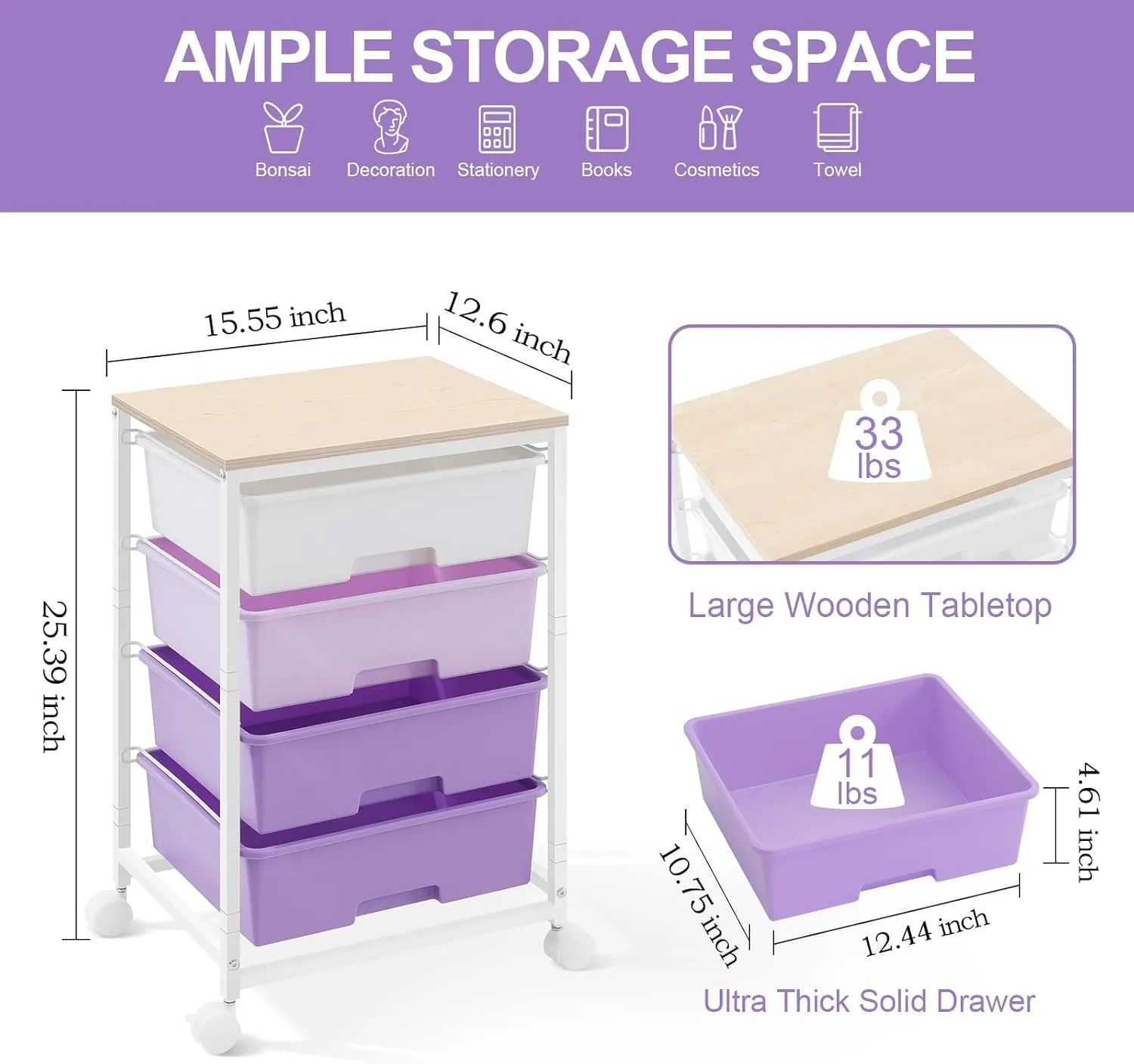 Utility Cart with 4 Drawers,Rolling Storage Cart with Drawers,Purple