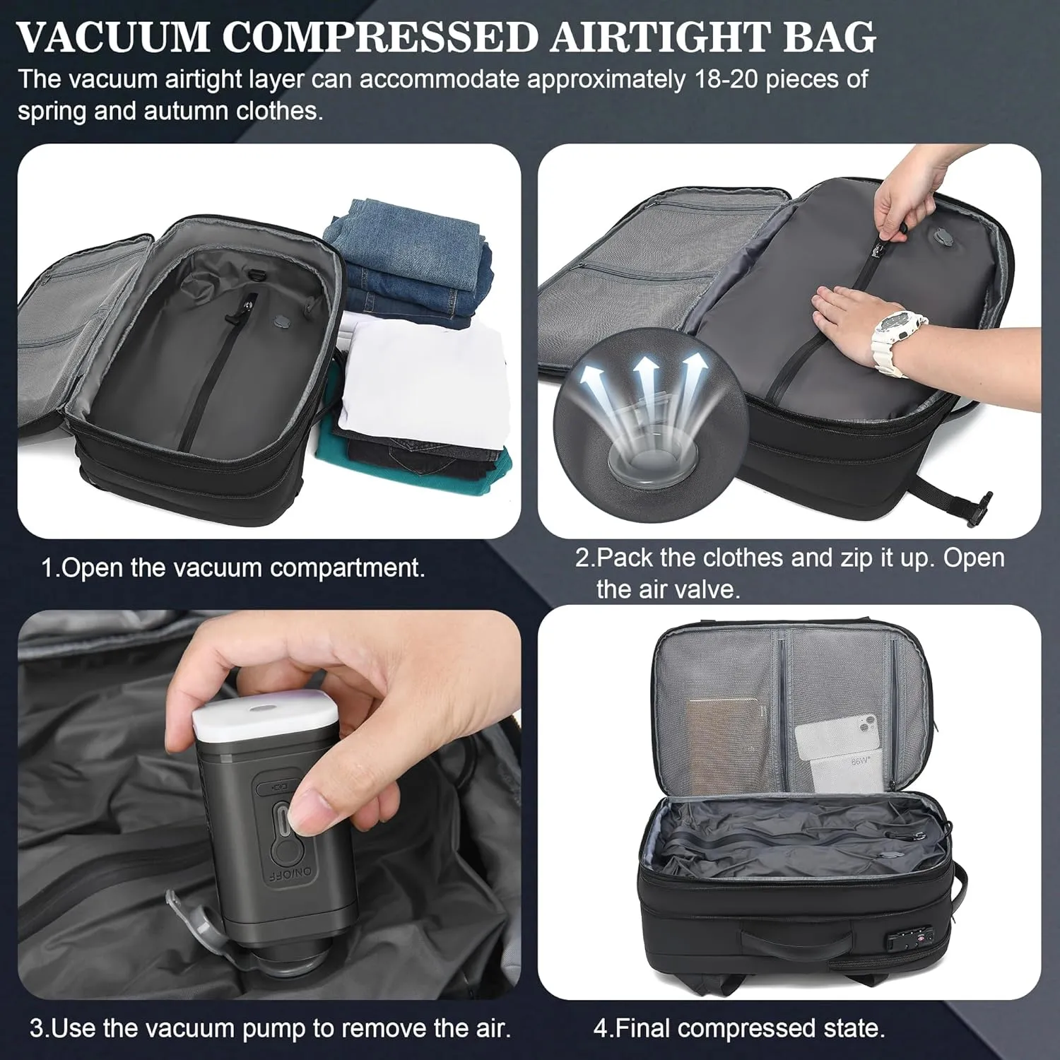 Vacuum Backpack Travel, Airback Vacuum Seal Compression Travel Backpack 60L Expandable, Spacevac Pro Laptop Backpack Water Resistant TSA Lock Carry On Backpack with Vacuum Pump,Grey