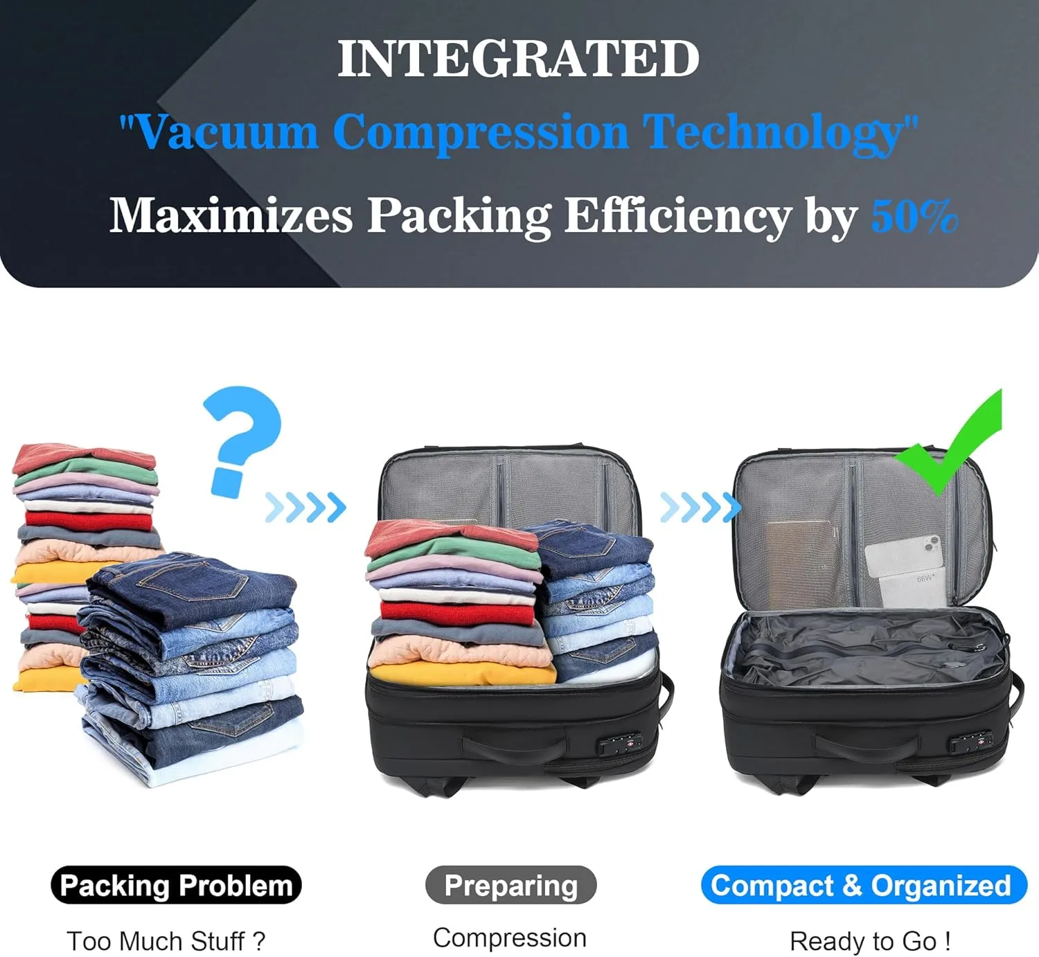 Vacuum Backpack Travel, Airback Vacuum Seal Compression Travel Backpack 60L Expandable, Spacevac Pro Laptop Backpack Water Resistant TSA Lock Carry On Backpack with Vacuum Pump,Grey