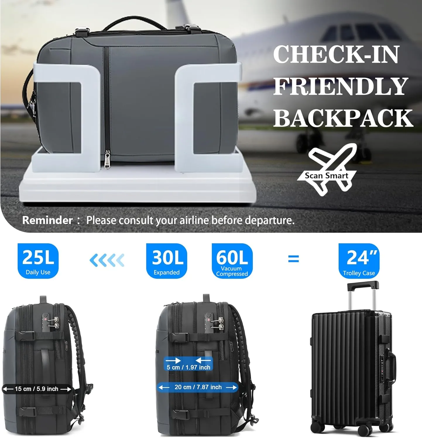 Vacuum Backpack Travel, Airback Vacuum Seal Compression Travel Backpack 60L Expandable, Spacevac Pro Laptop Backpack Water Resistant TSA Lock Carry On Backpack with Vacuum Pump,Grey