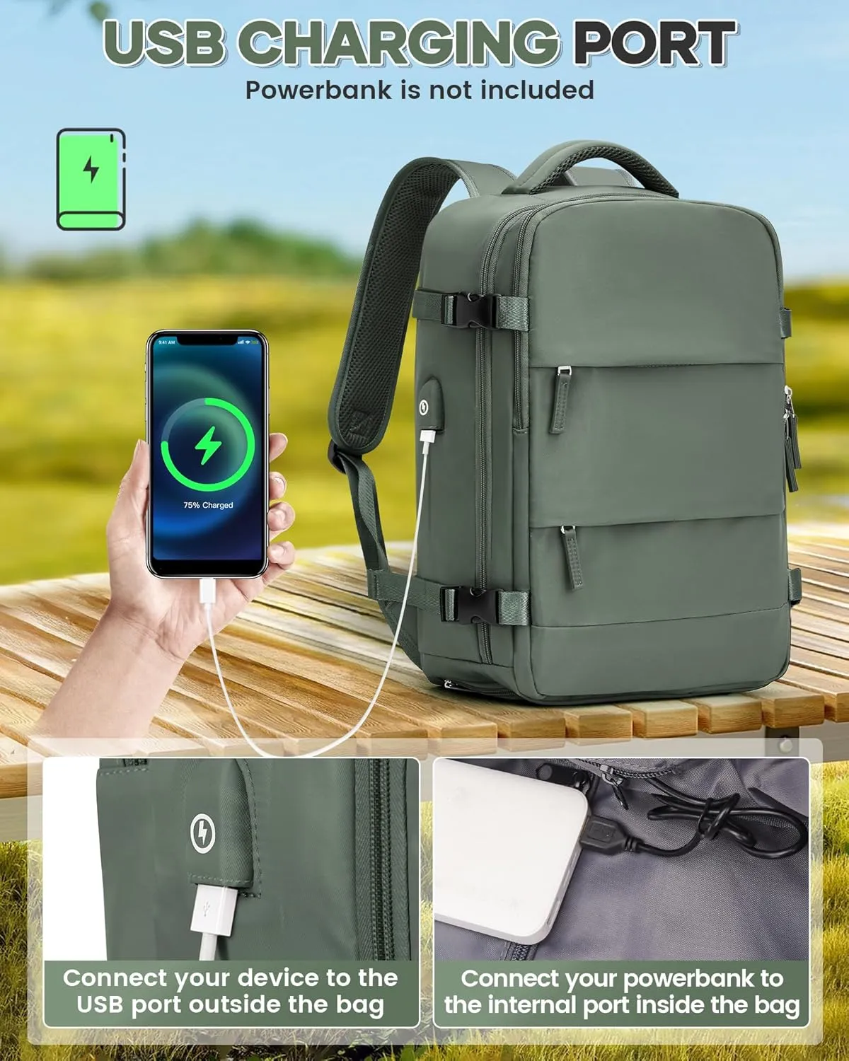 Vacuum Backpack Travel Compression Bags with Air Pump for Carry On Luggage Airback Seal Backpack for Men Waterproof 18x14x8 inches Personal Item Travel Bag with Vacuum Compression for Women - Green