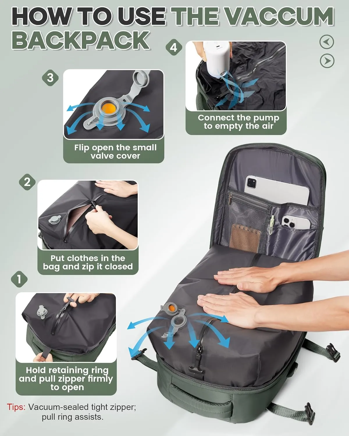 Vacuum Backpack Travel Compression Bags with Air Pump for Carry On Luggage Airback Seal Backpack for Men Waterproof 18x14x8 inches Personal Item Travel Bag with Vacuum Compression for Women - Green