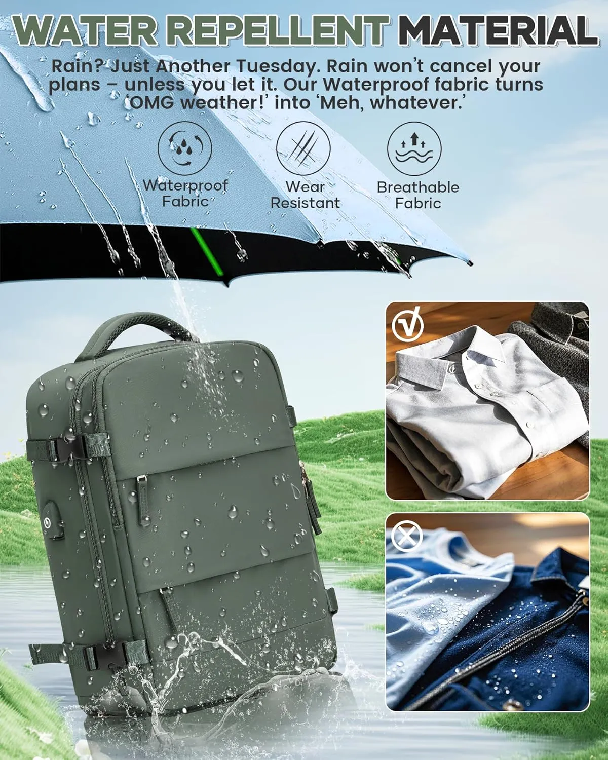 Vacuum Backpack Travel Compression Bags with Air Pump for Carry On Luggage Airback Seal Backpack for Men Waterproof 18x14x8 inches Personal Item Travel Bag with Vacuum Compression for Women - Green