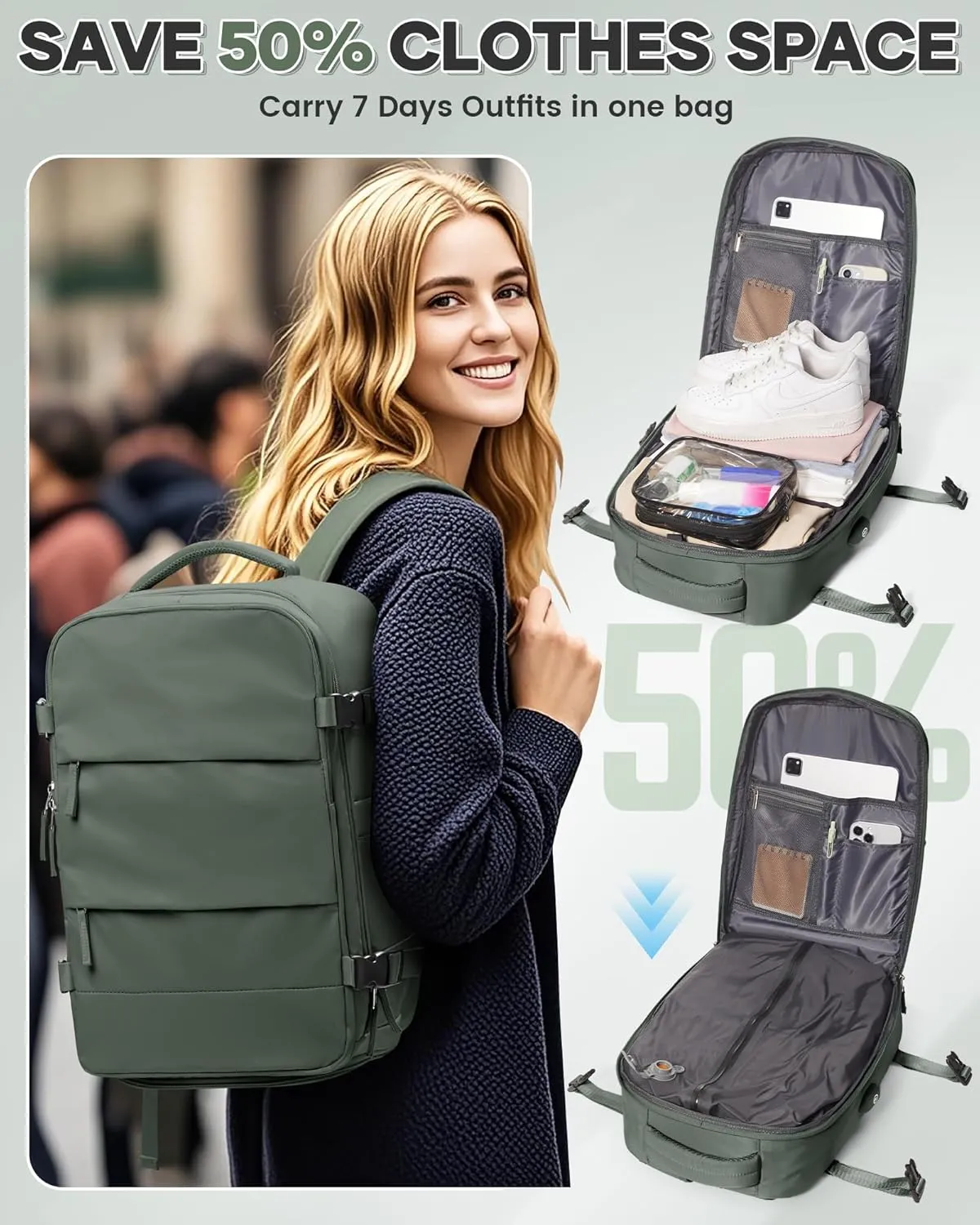Vacuum Backpack Travel Compression Bags with Air Pump for Carry On Luggage Airback Seal Backpack for Men Waterproof 18x14x8 inches Personal Item Travel Bag with Vacuum Compression for Women - Green