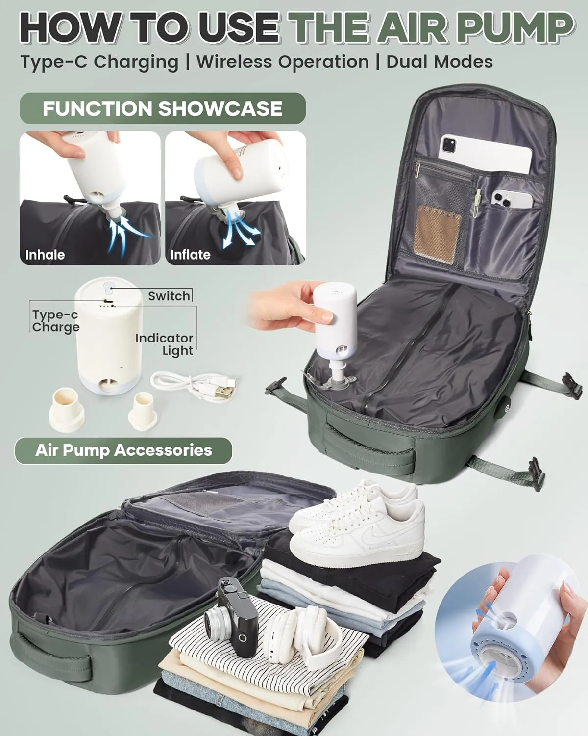 Vacuum Backpack Travel Compression Bags with Air Pump for Carry On Luggage Airback Seal Backpack for Men Waterproof 18x14x8 inches Personal Item Travel Bag with Vacuum Compression for Women - Green
