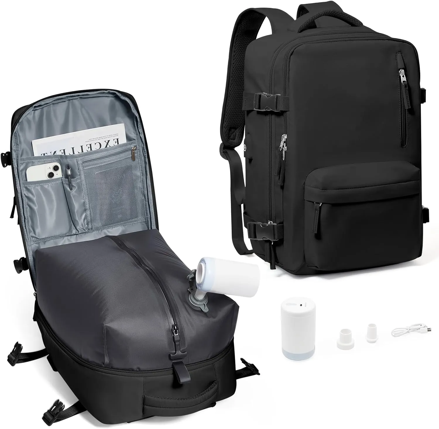 Vacuum Compression Backpack, Travel Vacuum Backpack with Electric Vacpack Pump, Flight Approved Carry On Personal Item Suitcase Luggage for Men Women, Black