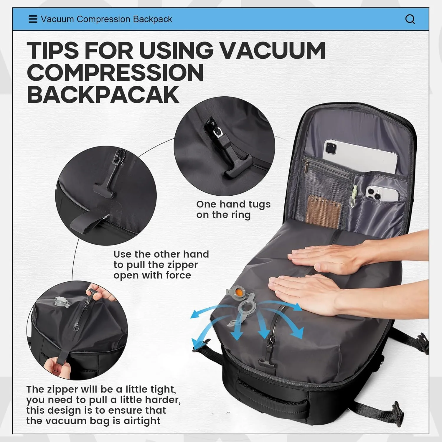 Vacuum Travel Backpack for Women Men Carry on Backpack Luggage Flight Approved Personal item Travel Bag Essentials With Wet and Dry Separation Bag Black