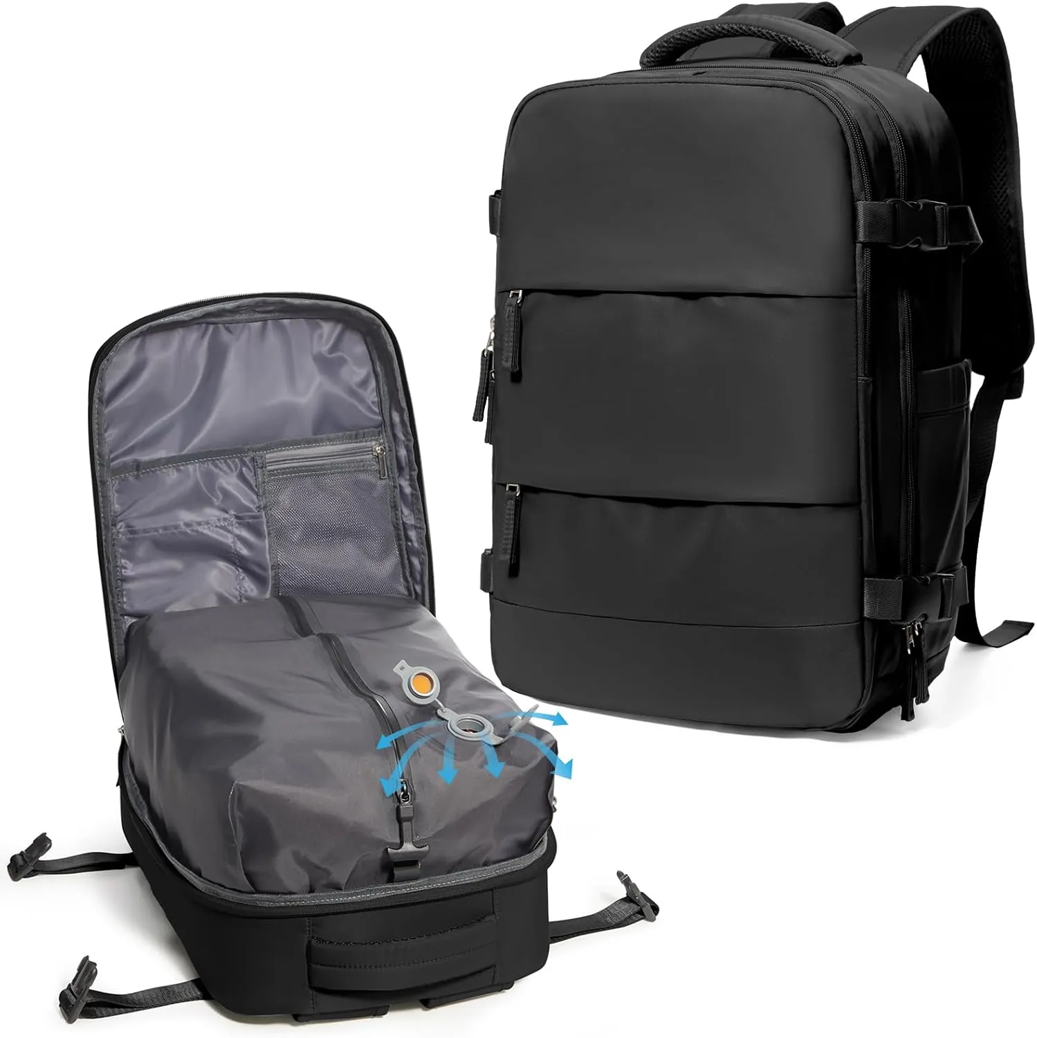Vacuum Travel Backpack for Women Men Carry on Backpack Luggage Flight Approved Personal item Travel Bag Essentials With Wet and Dry Separation Bag Black
