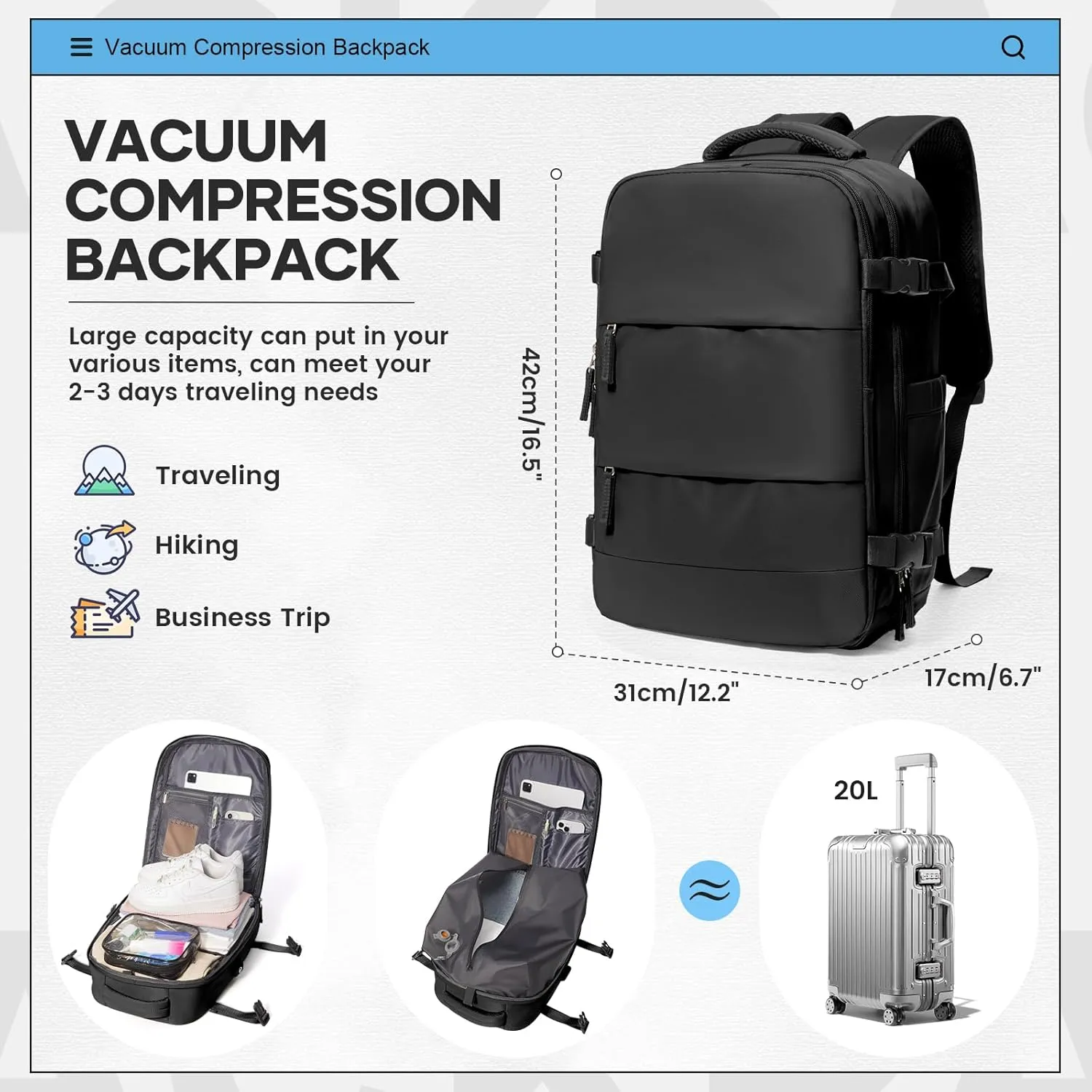 Vacuum Travel Backpack for Women Men Carry on Backpack Luggage Flight Approved Personal item Travel Bag Essentials With Wet and Dry Separation Bag Black