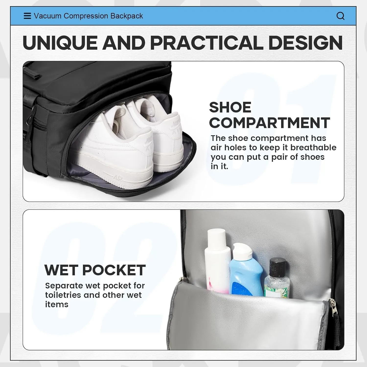 Vacuum Travel Backpack for Women Men Carry on Backpack Luggage Flight Approved Personal item Travel Bag Essentials With Wet and Dry Separation Bag Black
