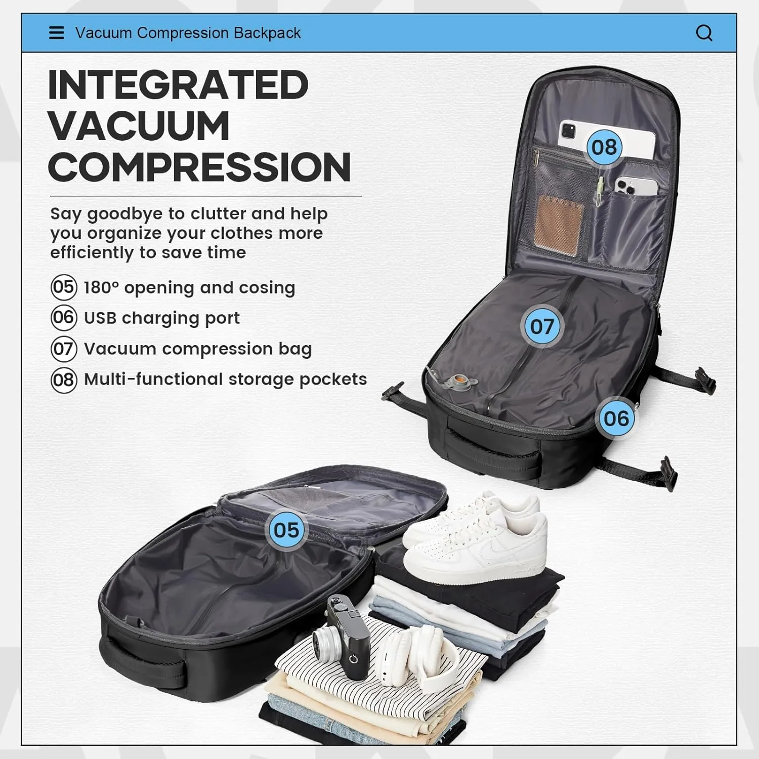 Vacuum Travel Backpack for Women Men Carry on Backpack Luggage Flight Approved Personal item Travel Bag Essentials With Wet and Dry Separation Bag Black