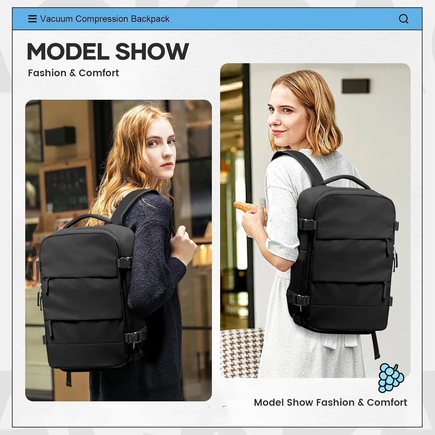 Vacuum Travel Backpack for Women Men Carry on Backpack Luggage Flight Approved Personal item Travel Bag Essentials With Wet and Dry Separation Bag Black