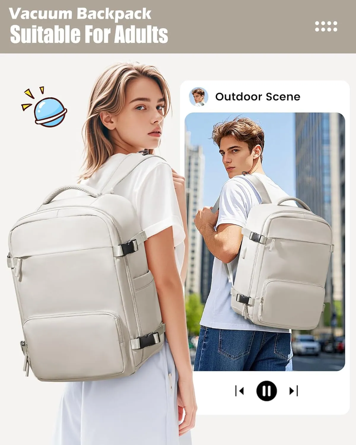 Vacuum Travel Backpack with Pump Vacuum Compression Seal Vacpack Airback Laptop Backpack for Women Men Carry on Backpack Personal Item Travel Bag Luggage Flight Approved Business Back Pack Grey White
