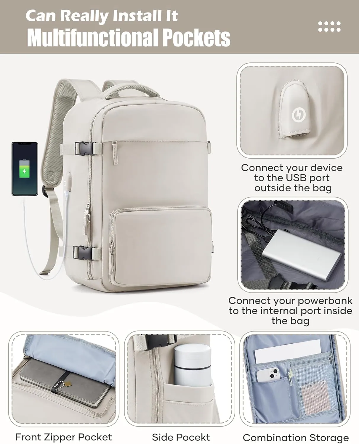 Vacuum Travel Backpack with Pump Vacuum Compression Seal Vacpack Airback Laptop Backpack for Women Men Carry on Backpack Personal Item Travel Bag Luggage Flight Approved Business Back Pack Grey White