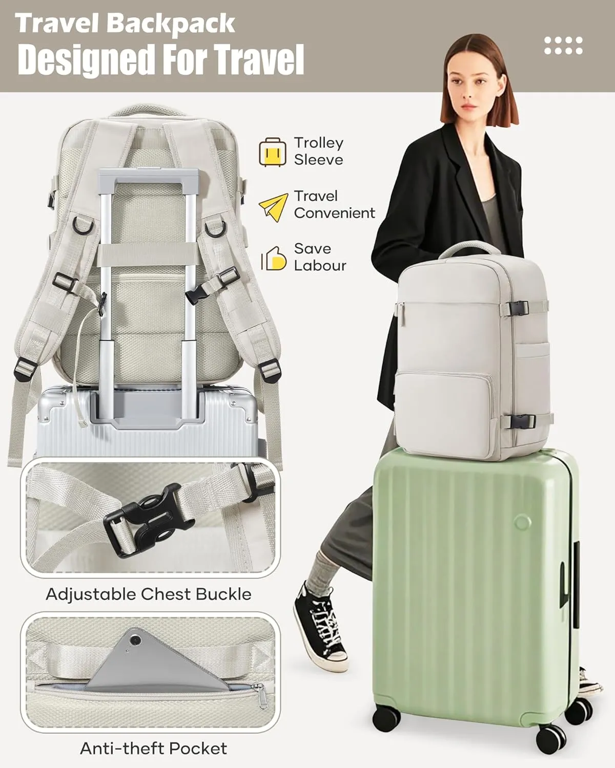 Vacuum Travel Backpack with Pump Vacuum Compression Seal Vacpack Airback Laptop Backpack for Women Men Carry on Backpack Personal Item Travel Bag Luggage Flight Approved Business Back Pack Grey White