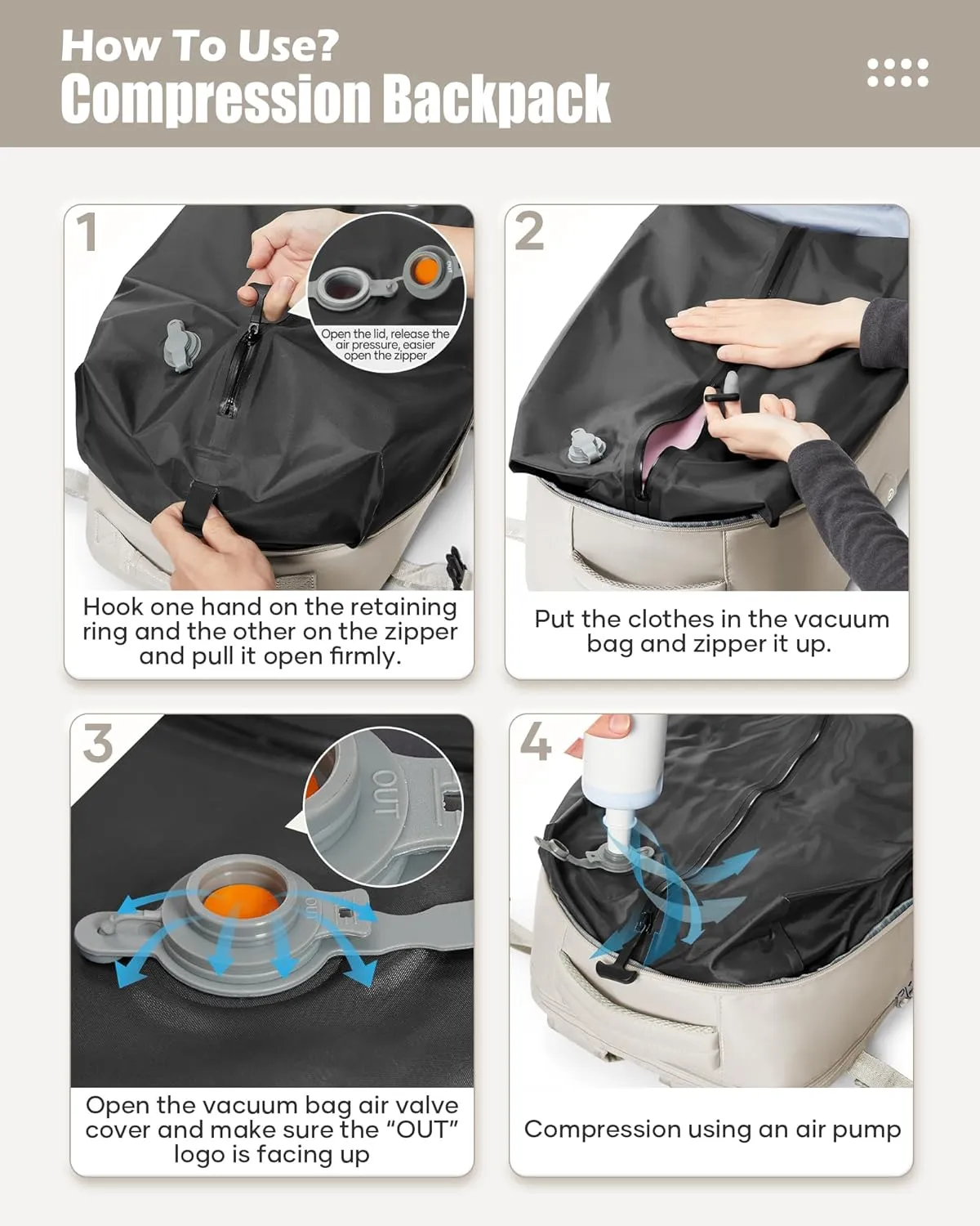 Vacuum Travel Backpack with Pump Vacuum Compression Seal Vacpack Airback Laptop Backpack for Women Men Carry on Backpack Personal Item Travel Bag Luggage Flight Approved Business Back Pack Grey White