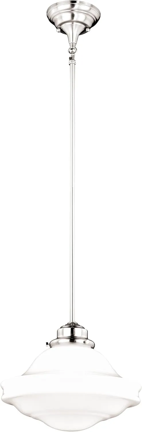 VAXCEL Huntley 1 Light Satin Nickel Farmhouse Schoolhouse Pendant White Glass