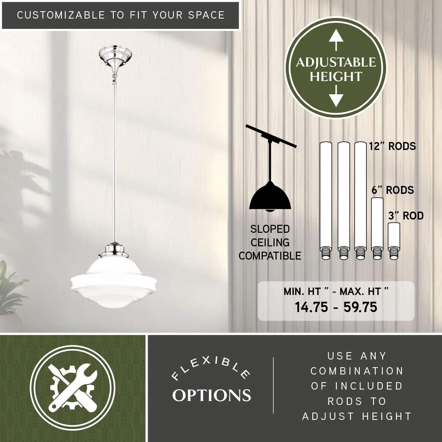 VAXCEL Huntley 1 Light Satin Nickel Farmhouse Schoolhouse Pendant White Glass