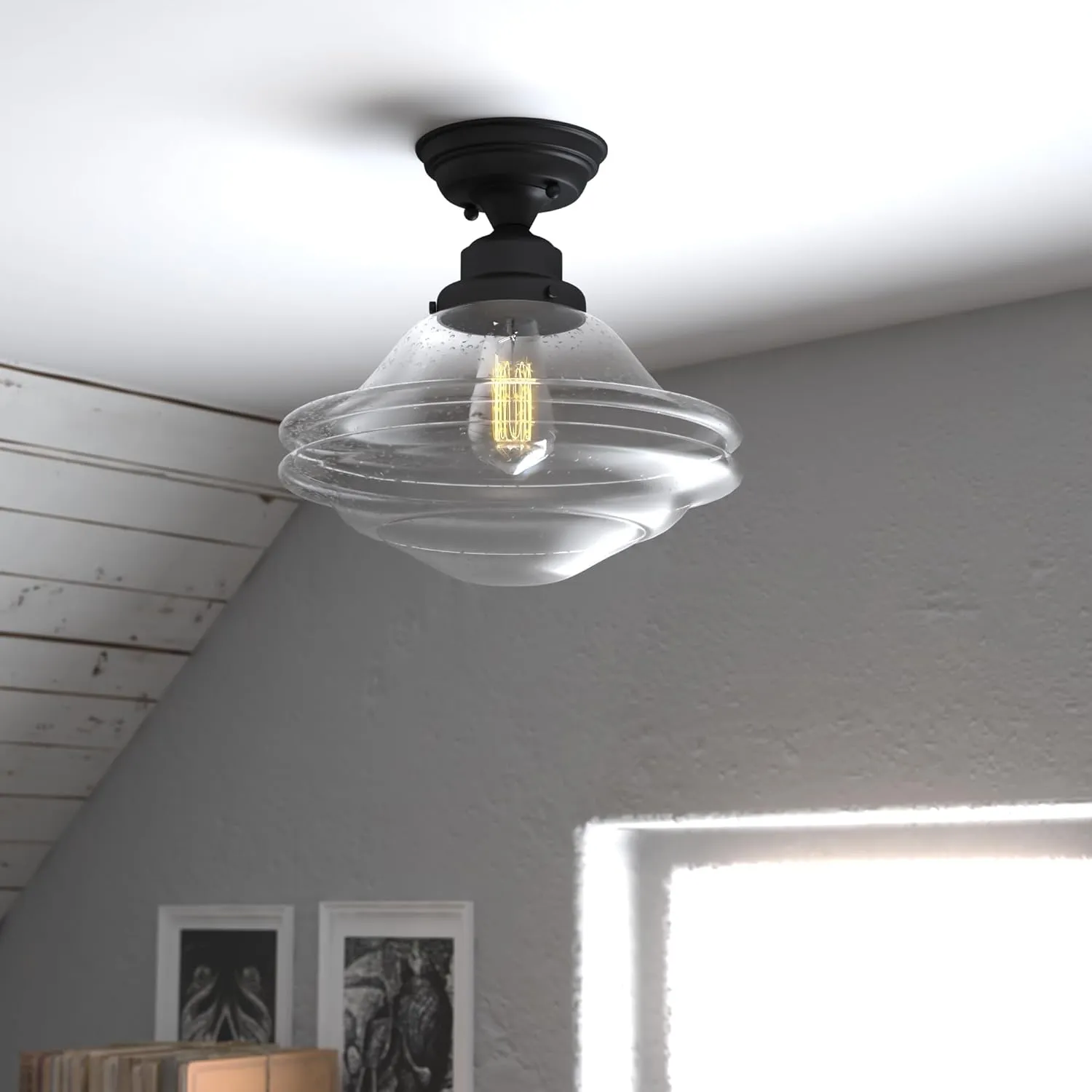 VAXCEL Huntley 12-in W Bronze Farmhouse Schoolhouse Semi Flush Mount Ceiling Light Clear Glass