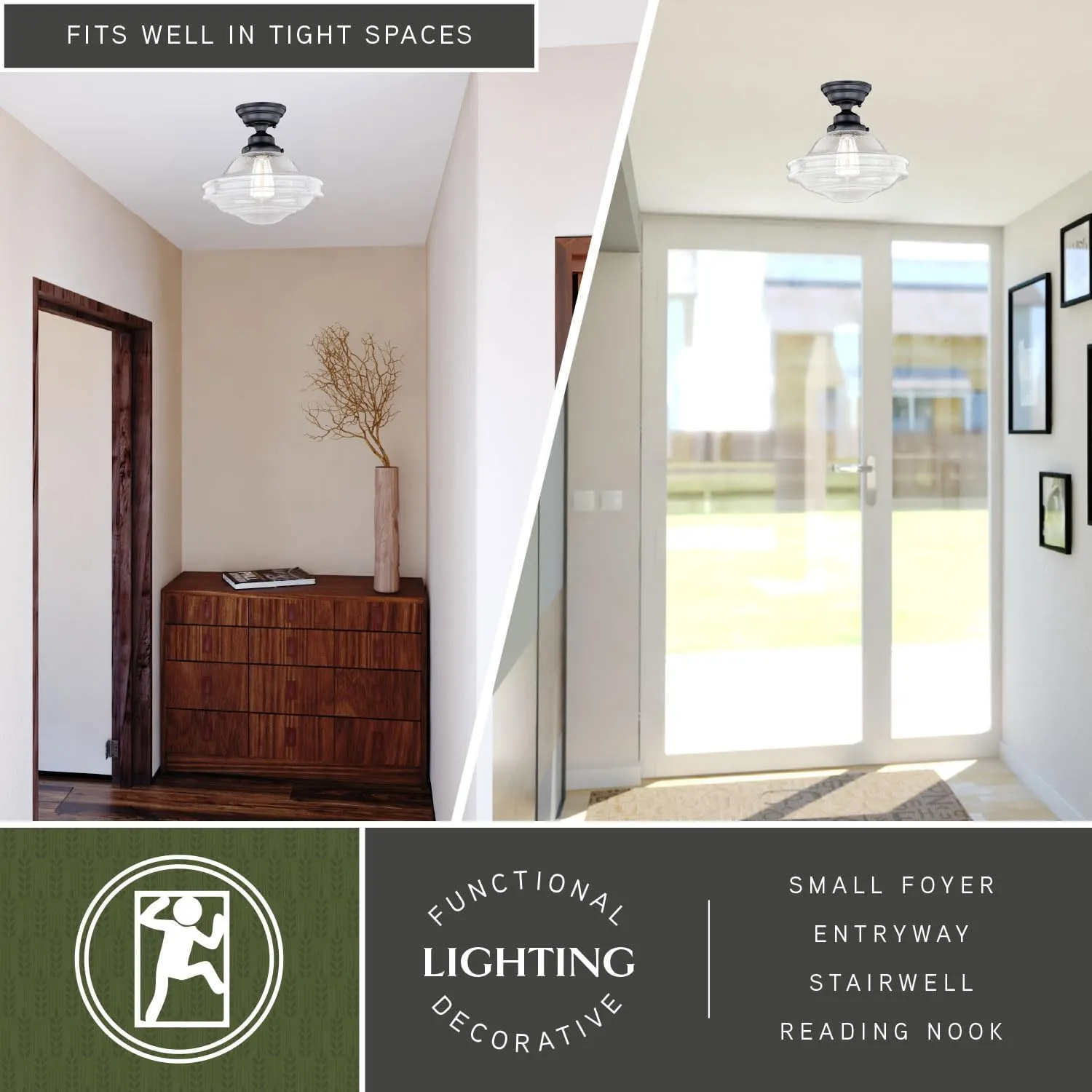 VAXCEL Huntley 12-in W Bronze Farmhouse Schoolhouse Semi Flush Mount Ceiling Light Clear Glass