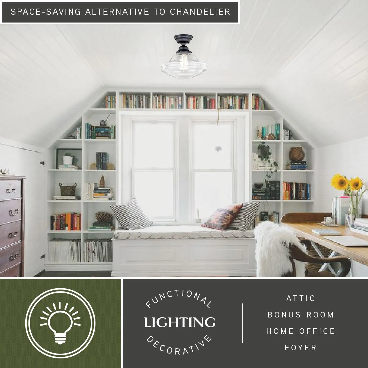 VAXCEL Huntley 12-in W Bronze Farmhouse Schoolhouse Semi Flush Mount Ceiling Light Clear Glass