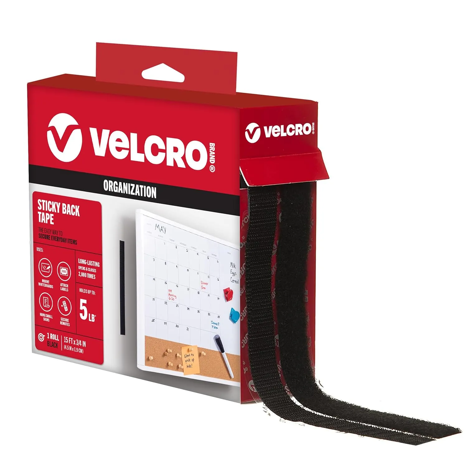 VELCRO Brand Sticky Back Tape for Organization, 15' x 3/4", Black, (90081)