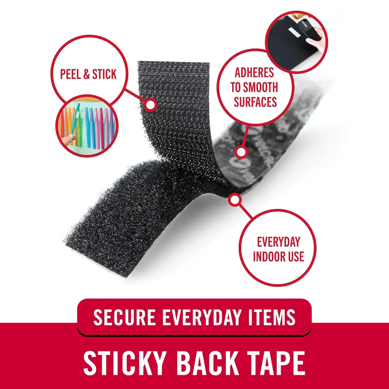VELCRO Brand Sticky Back Tape for Organization, 15' x 3/4", Black, (90081)