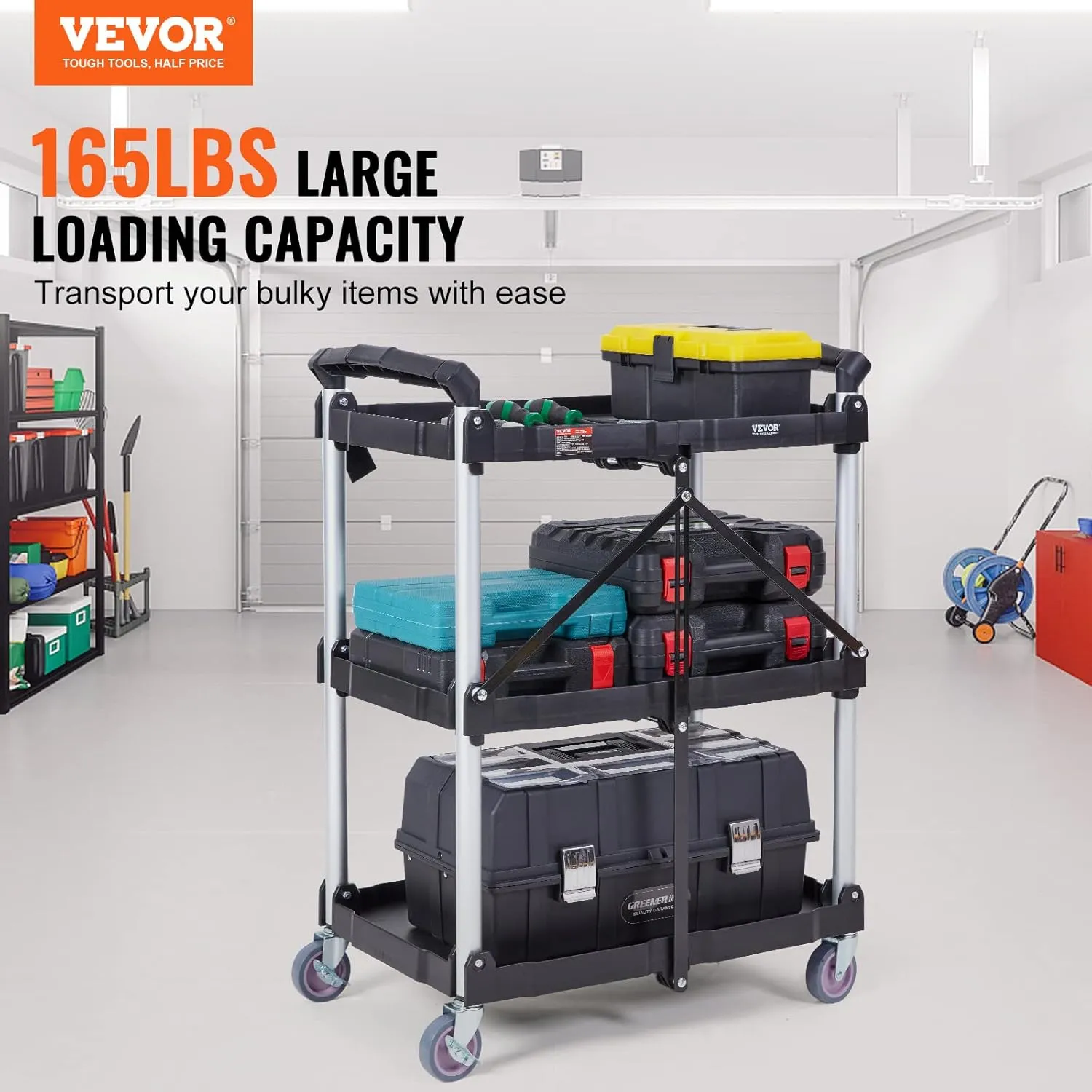 VEVOR Foldable Utility Service Cart, 165LBS 3 Shelf Heavy Duty Plastic Rolling Cart with 360° Swivel Wheels (2 with Brakes), Ergonomic Handle, Portable Garage Tool Cart for Warehouse Office Home