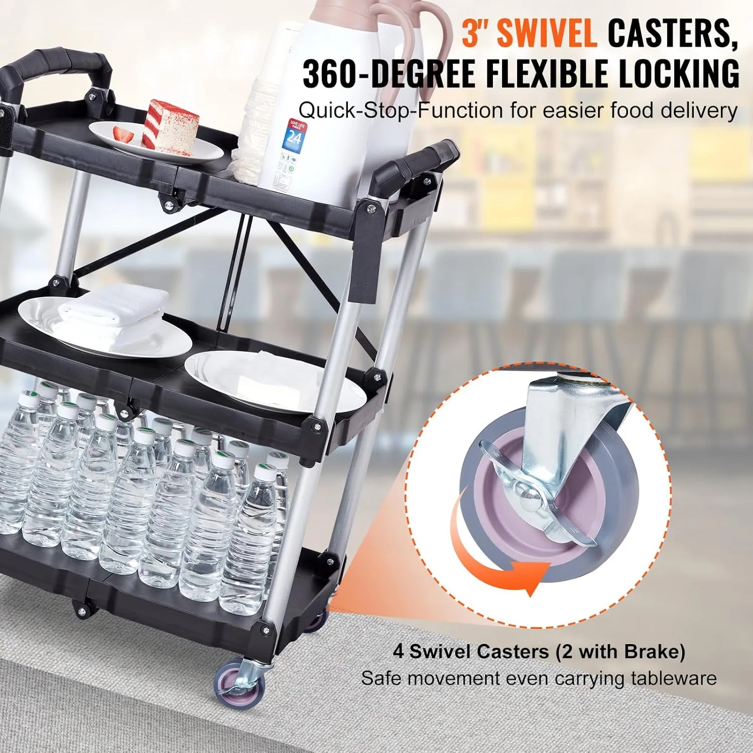 VEVOR Foldable Utility Service Cart, 165LBS 3 Shelf Heavy Duty Plastic Rolling Cart with 360° Swivel Wheels (2 with Brakes), Ergonomic Handle, Portable Garage Tool Cart for Warehouse Office Home